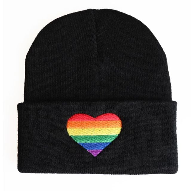 Rainbow Heart Embroidered Beanie